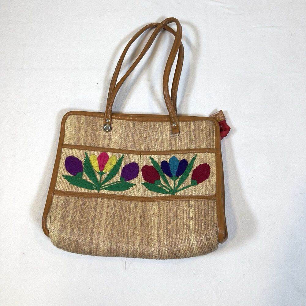 Vintage Woven Straw Floral Embroidered Tote Bag Boho Zipper